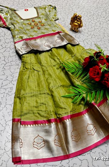 FESTIVAL AND FUNCTION WEAR TRADITIONAL KIDS PATTU PAVADAI STONE WORK DESIGN  - LIGHT GREEN (1)