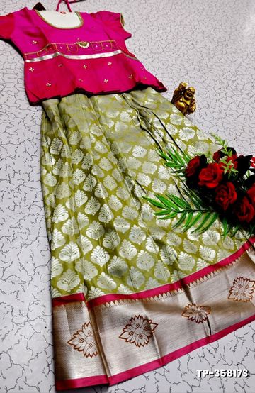 FESTIVAL AND FUNCTION WEAR TRADITIONAL KIDS PATTU PAVADAI STONE WORK DESIGN - RUBY COLOUR