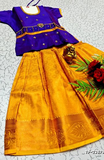 FESTIVAL AND FUNCTION WEAR TRADITIONAL KIDS PATTU PAVADAI STONE WORK DESIGN - BRINJAL COLOUR