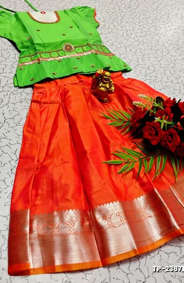 FESTIVAL AND FUNCTION WEAR TRADITIONAL KIDS PATTU PAVADAI STONE WORK DESIGN - GREEN (2)