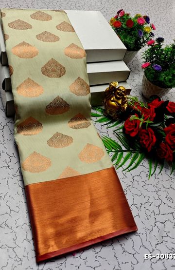 BRIDAL SILK GOLD SILVAR AND COPPER ZARI WEAVE AND WEDDING ART SILK SAREES - LIGHT PEACH (3)