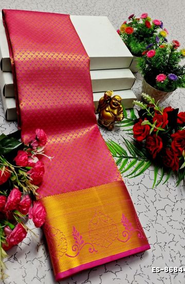 BRIDAL SILK GOLD SILVAR AND COPPER ZARI WEAVE AND WEDDING ART SILK SAREES - LIGHT PINK (3)