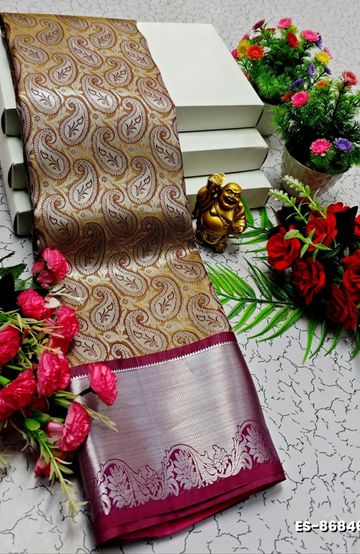 BRIDAL SILK GOLD SILVAR AND COPPER ZARI WEAVE AND WEDDING ART SILK SAREES - CREAM COLOR (4)