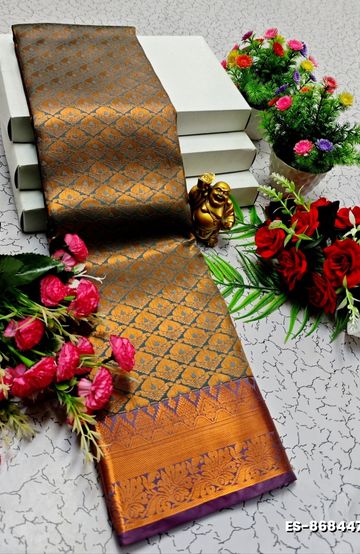 BRIDAL SILK GOLD SILVAR AND COPPER ZARI WEAVE AND WEDDING ART SILK SAREES - GRAY (2)