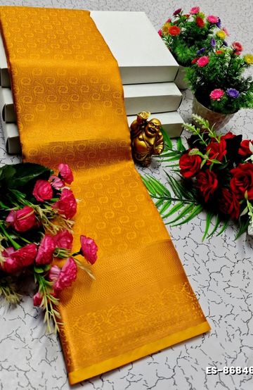 BRIDAL SILK GOLD SILVAR AND COPPER ZARI WEAVE AND WEDDING ART SILK SAREES - YELLOW COLOR (1)
