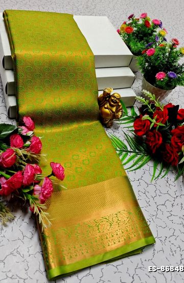 BRIDAL SILK GOLD SILVAR AND COPPER ZARI WEAVE AND WEDDING ART SILK SAREES - FLORAISON GREEN (1)