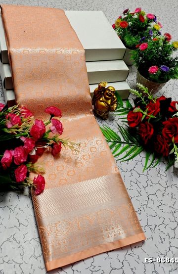 BRIDAL SILK GOLD SILVAR AND COPPER ZARI WEAVE AND WEDDING ART SILK SAREES - LIGHT ORANGE (1)
