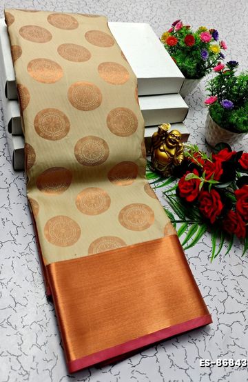 BRIDAL SILK GOLD SILVAR AND COPPER ZARI WEAVE AND WEDDING ART SILK SAREES - CREAM (2)