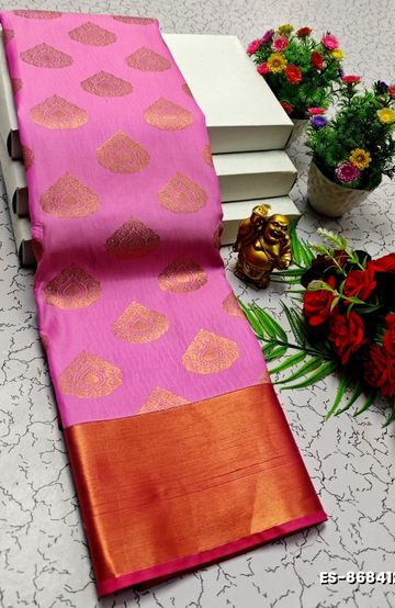BRIDAL SILK GOLD SILVAR AND COPPER ZARI WEAVE AND WEDDING ART SILK SAREES - PINK (3)