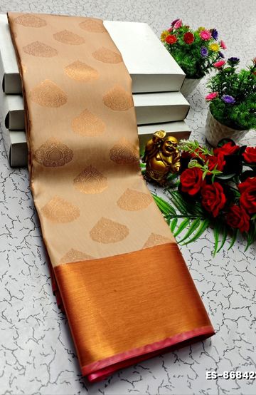 BRIDAL SILK GOLD SILVAR AND COPPER ZARI WEAVE AND WEDDING ART SILK SAREES - LIGHT SANDLE (3)