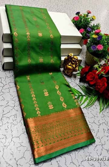 BRIDAL SILK GOLD SILVAR AND COPPER ZARI WEAVE AND WEDDING ART SILK SAREES - DARK GREEN