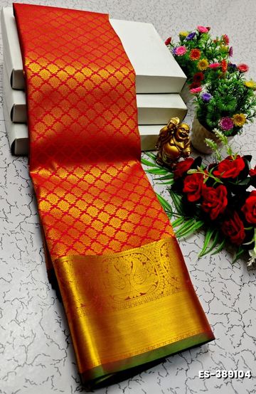 BRIDAL SILK GOLD SILVAR AND COPPER ZARI WEAVE AND WEDDING ART SILK SAREES - RED