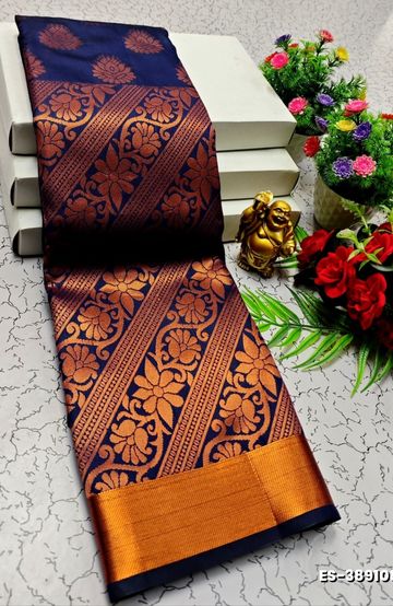 BRIDAL SILK GOLD SILVAR AND COPPER ZARI WEAVE AND WEDDING ART SILK SAREES - NAVY COLOUR (4)
