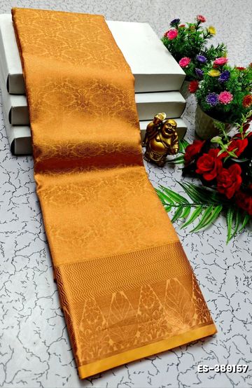 BRIDAL SILK GOLD SILVAR AND COPPER ZARI WEAVE AND WEDDING ART SILK SAREES - LIGHT ORANGE (4)
