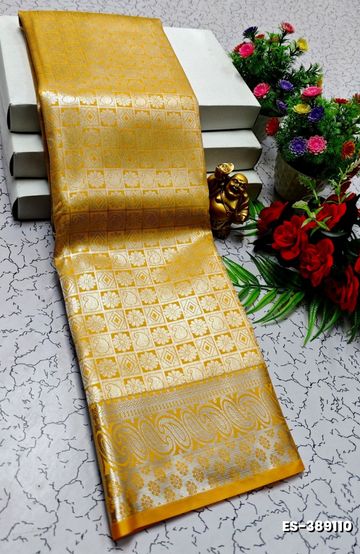 BRIDAL SILK GOLD SILVAR AND COPPER ZARI WEAVE AND WEDDING ART SILK SAREES - YELLOW (1)