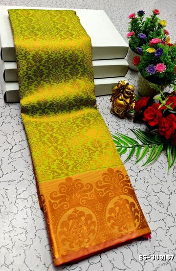 BRIDAL SILK GOLD SILVAR AND COPPER ZARI WEAVE AND WEDDING ART SILK SAREES - FLORAISON GREEN (5)