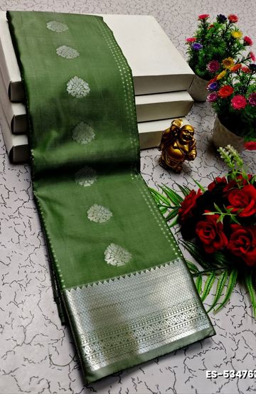 BRIDAL SILK GOLD SILVAR AND COPPER ZARI WEAVE AND WEDDING ART SILK SAREES - GREEN COLOUR (2)
