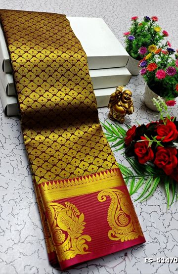 BRIDAL SILK GOLD SILVAR AND COPPER ZARI WEAVE AND WEDDING ART SILK SAREES - MERUN (3)