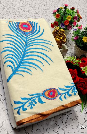 TRENDING KERALA SPECIAL FULL WORK EMBOSSED DIGITAL PRINTING COTTON SAREE COLLECTIONS - IVORY COLOUR (45)