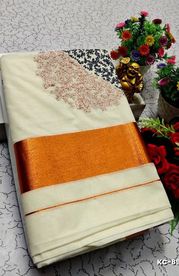 TRENDING KERALA SPECIAL FULL WORK EMBOSSED DIGITAL PRINTING COTTON  SAREE COLLECTIONS - WHITE (63)
