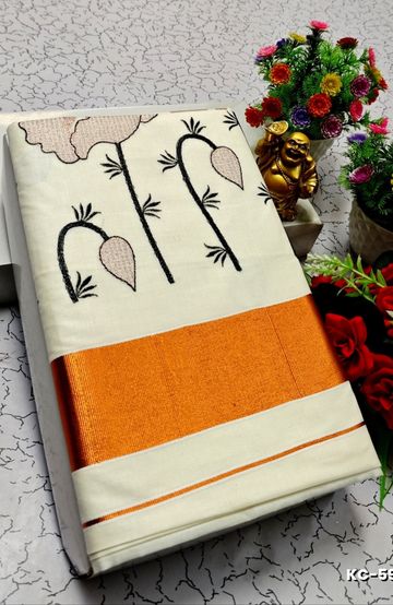 TRENDING KERALA SPECIAL FULL WORK EMBOSSED DIGITAL PRINTING COTTON SAREE COLLECTIONS - BEIGE COLOUR (54)