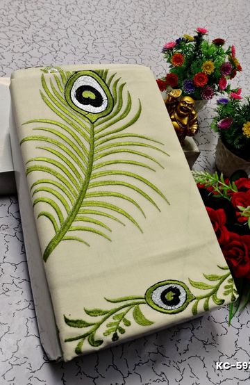 TRENDING KERALA SPECIAL FULL WORK EMBOSSED DIGITAL PRINTING COTTON SAREE COLLECTIONS  - WHITE (64)