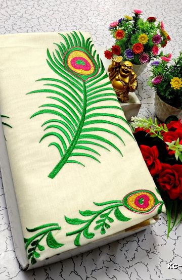 TRENDING KERALA SPECIAL FULL WORK EMBOSSED DIGITAL PRINTING COTTON  SAREE COLLECTIONS - IVORY COLOUR (46)