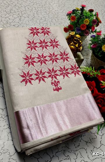 TRENDING KERALA SPECIAL FULL WORK EMBOSSED DIGITAL PRINTING TISSUE SAREE COLLECTIONS - BEIGE COLOUR (59)