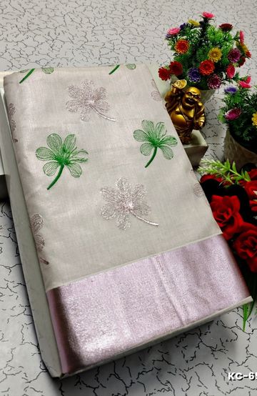 TRENDING KERALA SPECIAL FULL WORK EMBOSSED DIGITAL PRINTING TISSUE SAREE COLLECTIONS - WHITE (69)