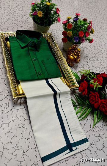 KIDS SHIRTS & DHOTIS COMBO FOR MENS ADJUSTABLE DHOTIS WITH COLOUR MATCHING BORDER BEST CHOICE FOR BOYS - GREEN