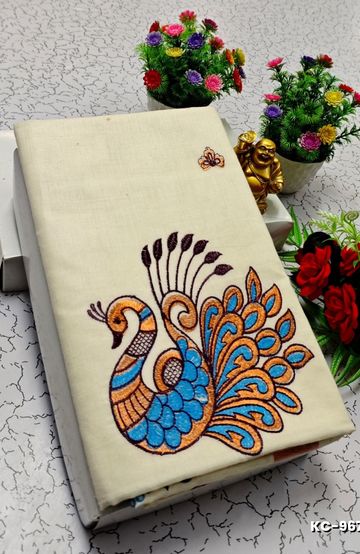 TRENDING KERALA SPECIAL FULL WORK EMBOSSED DIGITAL PRINTING COTTON SAREE COLLECTIONS - IVORY COLOUR (56)