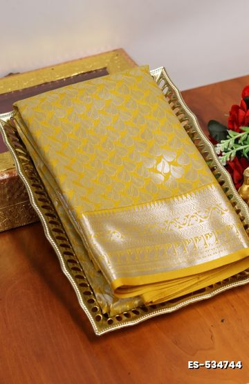 BRIDAL SILK GOLD SILVAR AND COPPER ZARI WEAVE AND WEDDING ART SILK SAREES - LIGHT YELLOW (1)