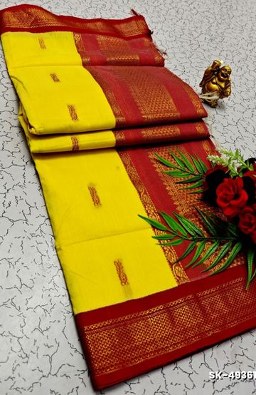 TRENDING DIGITAL EMBROIDERY ZARI WORK KALIYANI COTTON SAREES- YELLOW