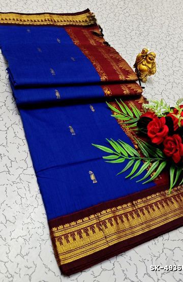 TRENDING DIGITAL EMBROIDERY ZARI WORK KALIYANI COTTON SAREES- R BLUE