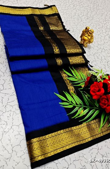 TRENDING DIGITAL EMBROIDERY ZARI WORK KALIYANI COTTON SAREES- ROYAL BLUE