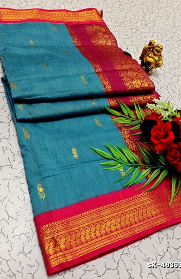 TRENDING DIGITAL EMBROIDERY ZARI WORK KALIYANI COTTON SAREES - LIGHT BLUE