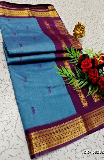 TRENDING DIGITAL EMBROIDERY ZARI WORK KALIYANI COTTON SAREES - BLUE COLOUR