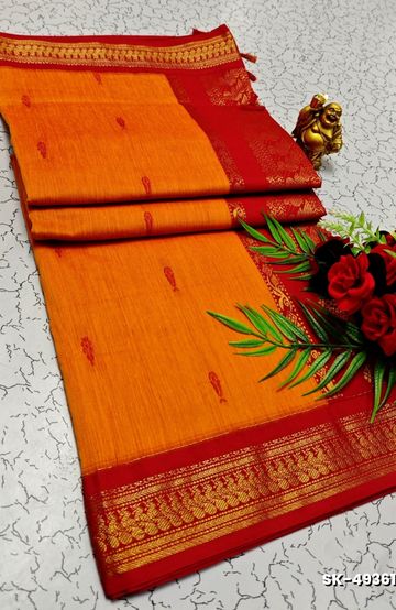 TRENDING DIGITAL EMBROIDERY ZARI WORK KALIYANI COTTON SAREES- ORANGE