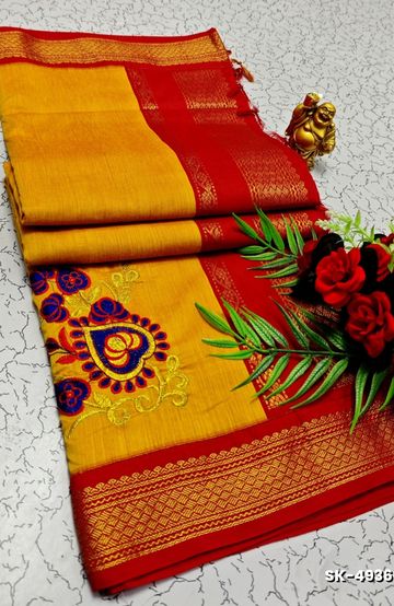 TRENDING DIGITAL EMBROIDERY ZARI WORK KALIYANI COTTON SAREES - YELLOW COLOR