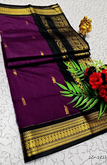 TRENDING DIGITAL EMBROIDERY ZARI WORK KALIYANI COTTON SAREES- PURPLE COLOUR