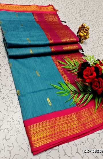 TRENDING DIGITAL EMBROIDERY  WORK KALIYANI COTTON SAREES - BLUE SHADE