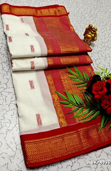 TRENDING DIGITAL EMBROIDERY ZARI WORK KALIYANI COTTON SAREES - WHITE