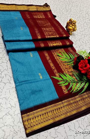 BRIDAL SILK GOLD SILVAR AND COPPER ZARI WEAVE AND WEDDING ART SILK SAREES - SKY BLUE