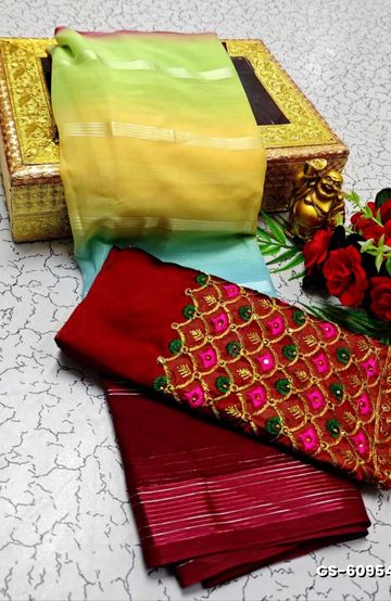 GEORGETTE FANCY SOFT SILK SAREES WITH BLOUSE MODERN FANCY ITEM SAREES - LIGHT GREEN (2)