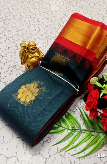Korvai kotanji Trendy & Fancy bhutta and 2/100 Silk Cotton Sarees Function wear - PEACKOK BLUE