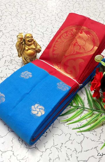 Korvai kotanji Trendy & Fancy bhutta and 2/100 Silk Cotton Sarees Function wear - BLUE COLOUR