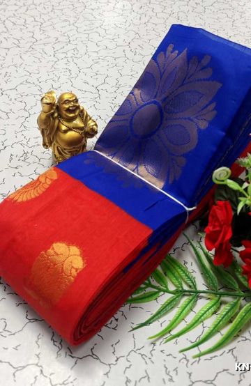 Korvai kotanji Trendy & Fancy bhutta and 2/100 Silk Cotton Sarees Function wear - TOMATO COLOUR