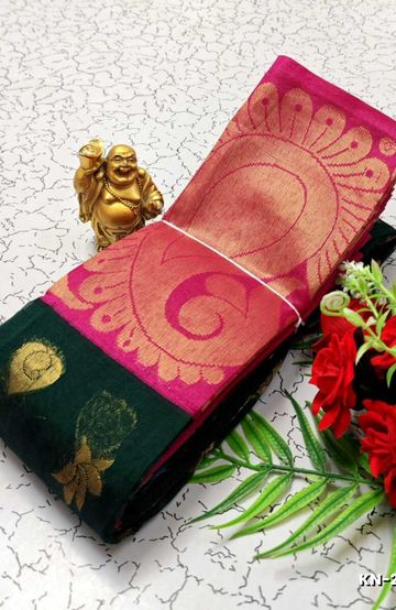 Korvai kotanji Trendy & Fancy bhutta and 2/100 Silk Cotton Sarees Function wear - BOTTLE GREEN