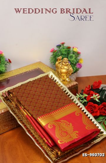 BRIDAL SILK GOLD SILVAR AND COPPER ZARI WEAVE AND WEDDING ART SILK SAREES - MERUN (4)