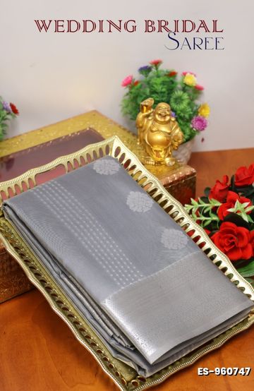 BRIDAL SILK GOLD SILVAR AND COPPER ZARI WEAVE AND WEDDING ART SILK SAREES - GRAY (3)